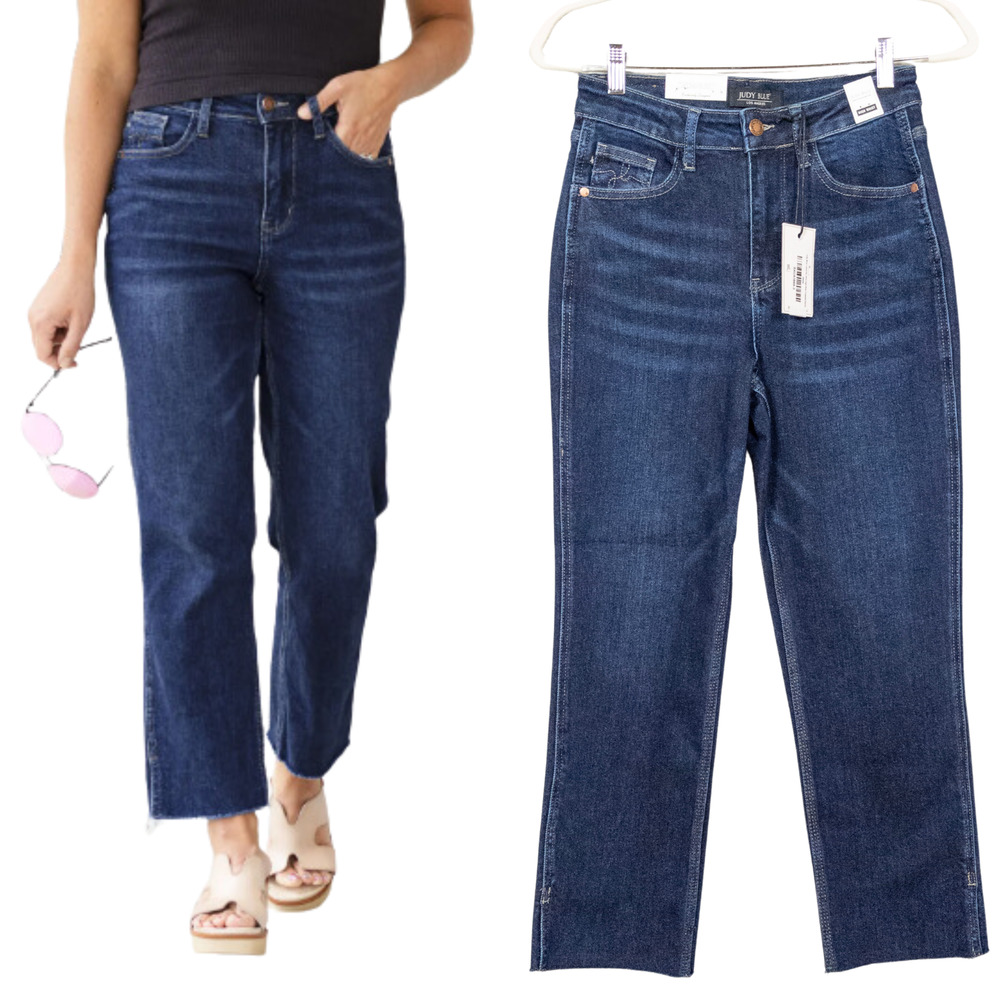 JUDY BLUE Dark Wash Leave Her Wild High Rise Cropped Jeans Raw Hem Women's 26